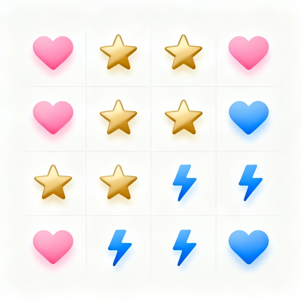 Ma trận tương hợp 12x12 được thiết kế đẹp mắt, dùng biểu tượng trái tim, ngôi sao, tia sét để thể hiện mức độ hợp.