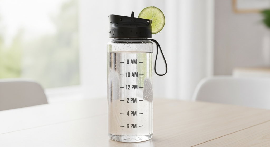 Minh họa một chai nước cá nhân có các vạch chia thời gian (ví dụ: 8 AM, 10 AM, 12 PM…) để nhắc nhở.