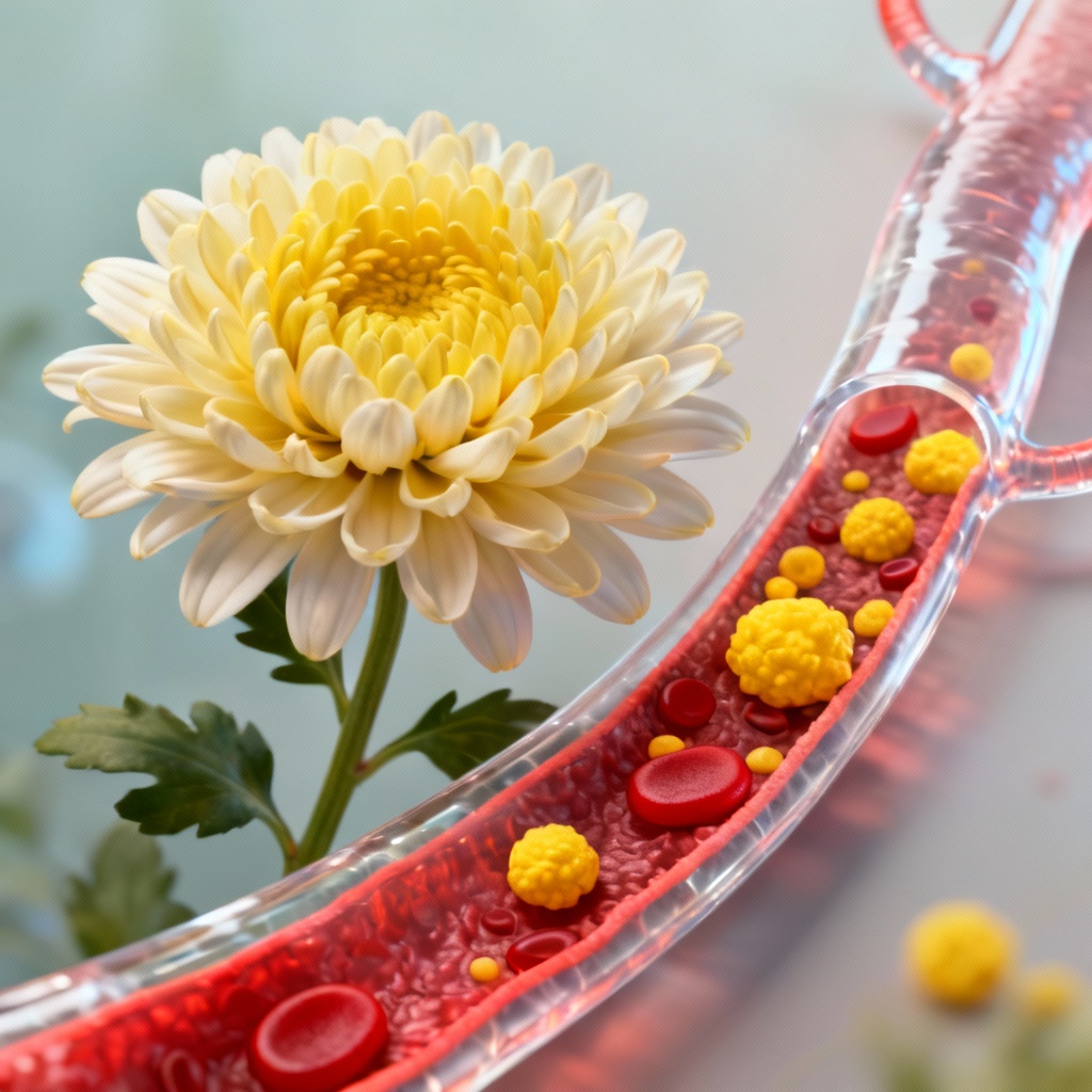 Mô phỏng mạch máu thông thoáng bên cạnh bông hoa cúc, đối lập với mạch máu có mảng bám cholesterol. Mô phỏng mạch máu thông thoáng bên cạnh bông hoa cúc, đối lập với mạch máu có mảng bám cholesterol.