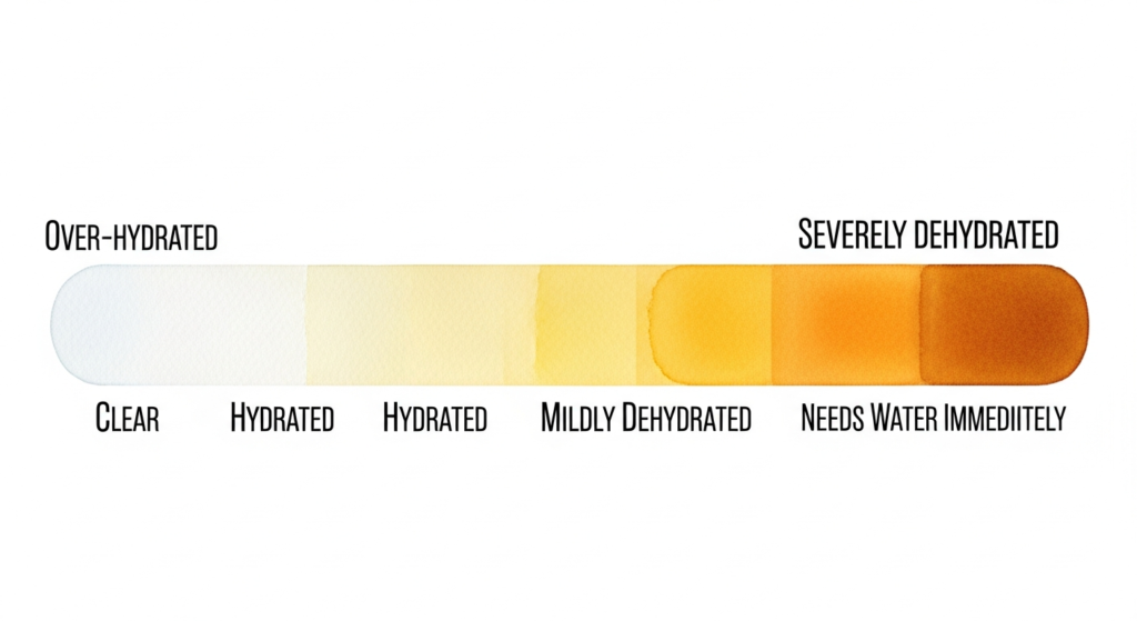 Một biểu đồ màu nước tiểu đơn giản, giải thích từ màu trong suốt (uống quá nhiều) đến vàng sậm (cần uống nước ngay).