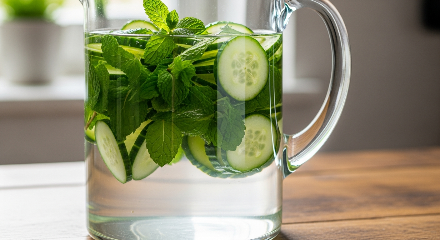 Một bình thủy tinh lớn chứa nước lọc, bên trong có nhiều lát dưa chuột và lá bạc hà tươi xanh.