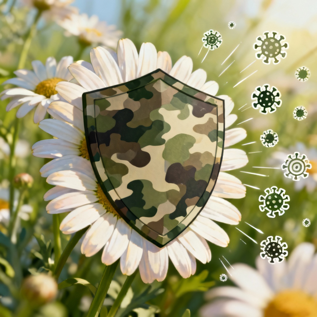 Một chiếc khiên miễn dịch được tạo thành từ hoa cúc, đang chống lại các biểu tượng virus và vi khuẩn. Một chiếc khiên miễn dịch được tạo thành từ hoa cúc, đang chống lại các biểu tượng virus và vi khuẩn.