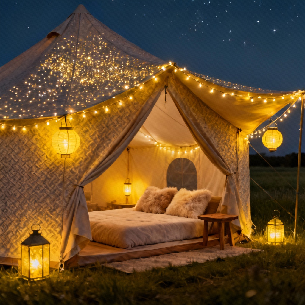 Một chiếc lều Glamping sang trọng được trang trí đèn lung linh vào buổi tối, bên trong có nệm, gối, và bàn nhỏ. Một chiếc lều Glamping sang trọng được trang trí đèn lung linh vào buổi tối, bên trong có nệm, gối, và bàn nhỏ.