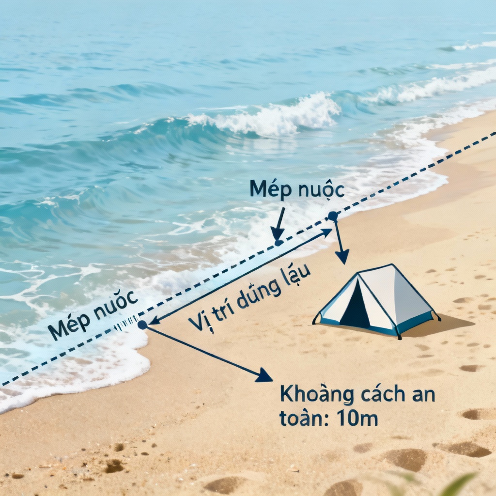 Một hình ảnh minh họa khoảng cách an toàn từ mép nước đến vị trí dựng lều trên bãi biển.