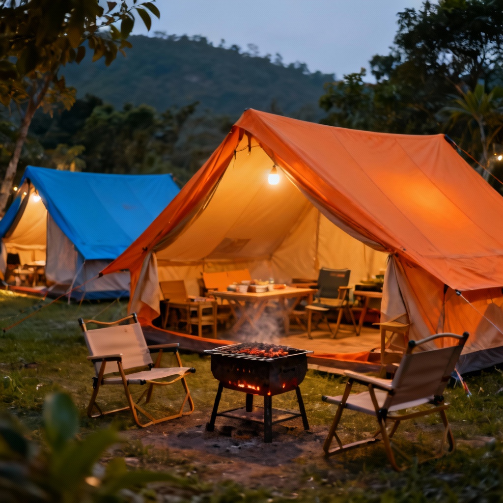 Một khu cắm trại dịch vụ với những chiếc lều được dựng sẵn ngay ngắn, có khu vực bàn ghế và lò nướng BBQ. Một khu cắm trại dịch vụ với những chiếc lều được dựng sẵn ngay ngắn, có khu vực bàn ghế và lò nướng BBQ.