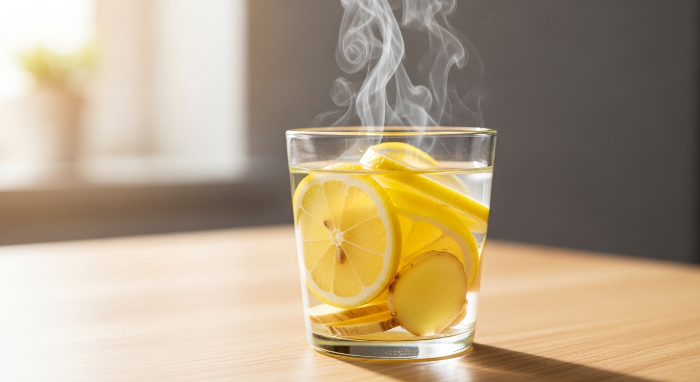 Một ly nước ấm bốc hơi nhẹ, có vài lát chanh vàng và gừng tươi bên trong.