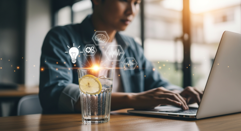 Một người đang làm việc sảng khoái bên ly nước, với các icon biểu thị não bộ đang hoạt động tốt.
