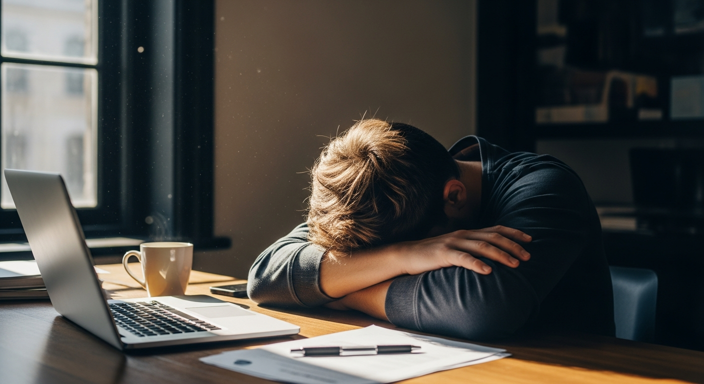 Một người đang ngồi gục xuống bàn làm việc vào ban ngày, tay ôm đầu, trông vô cùng mệt mỏi và cạn kiệt sức lực.