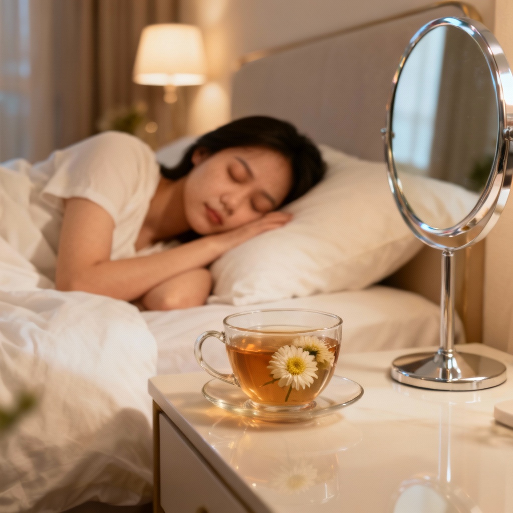 Một người đang ngủ ngon với tách trà hoa cúc trên bàn cạnh giường, ánh sáng dịu nhẹ. Một người đang ngủ ngon với tách trà hoa cúc trên bàn cạnh giường, ánh sáng dịu nhẹ.