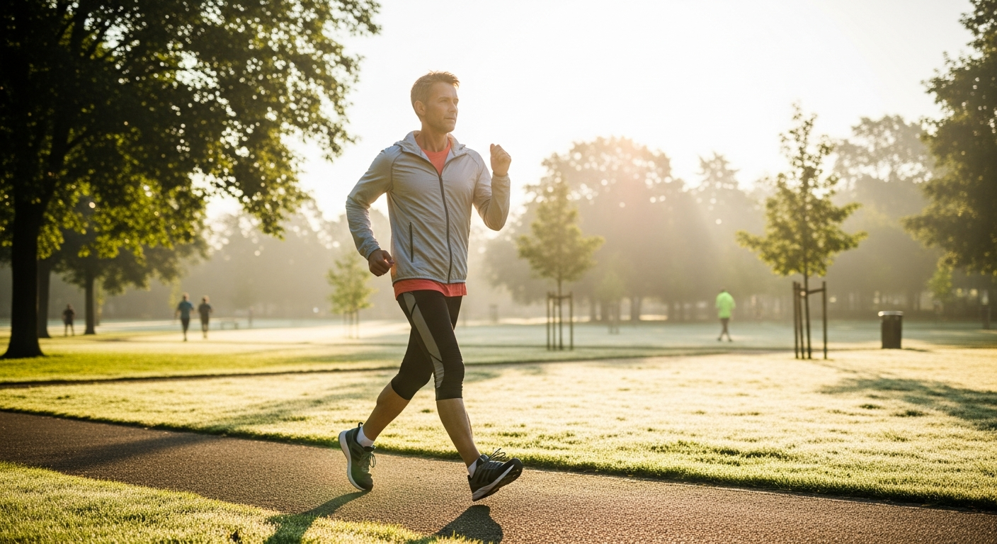 Một người trung niên đang đi bộ nhanh trong công viên vào buổi sáng, trông khỏe khoắn và tràn đầy năng lượng.