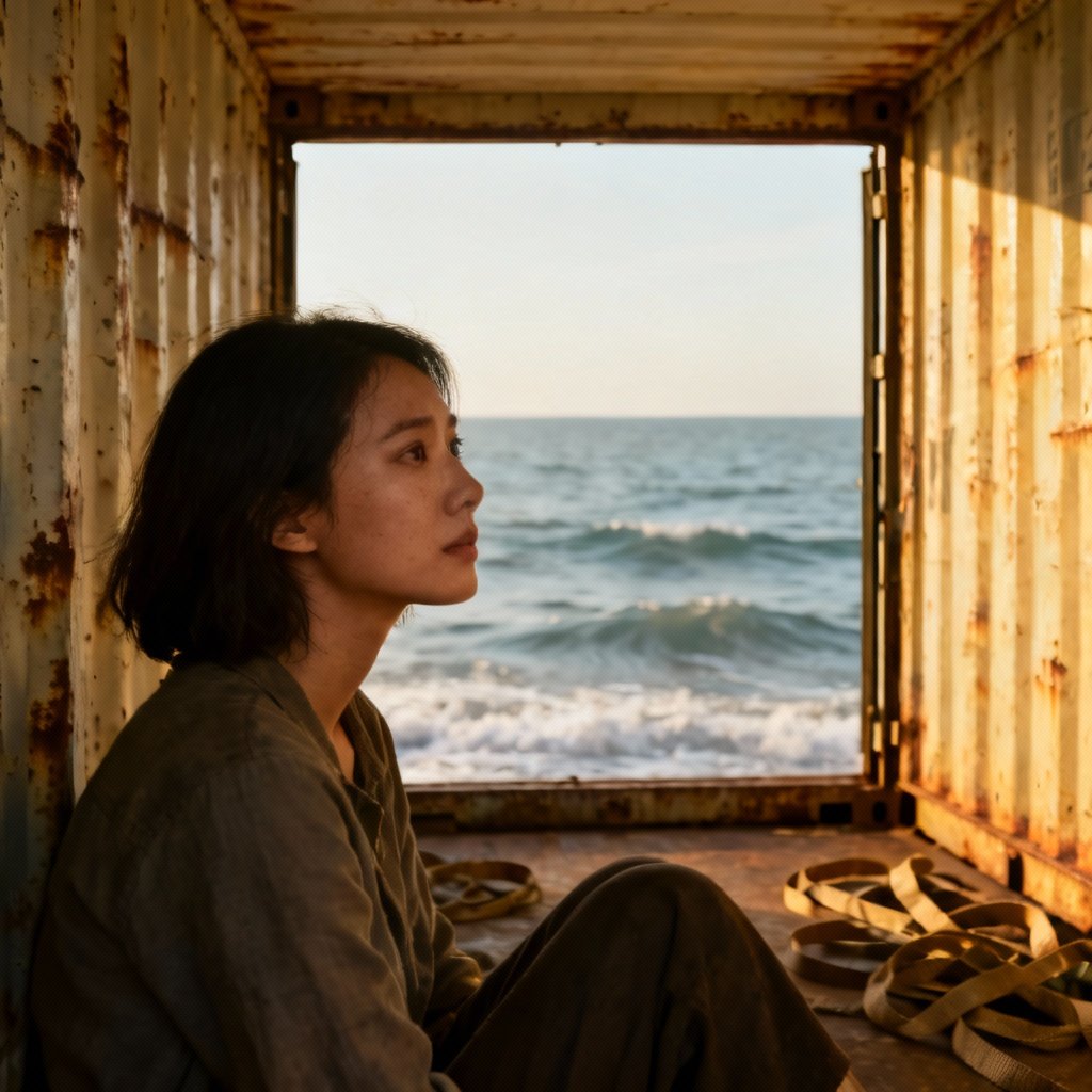 Nhân vật nữ chính trong phim Hư Không đang nhìn ra biển từ bên trong container. Nhân vật nữ chính trong phim Hư Không đang nhìn ra biển từ bên trong container.