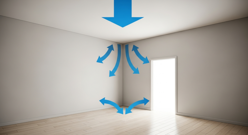 Sơ đồ đơn giản của một căn phòng với các mũi tên chỉ hướng dọn dẹp: từ trần xuống sàn và từ góc trong ra cửa.