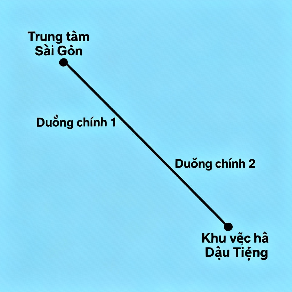 Sơ đồ đơn giản hóa hai cung đường chính từ trung tâm Sài Gòn đến khu vực hồ Dầu Tiếng. Sơ đồ đơn giản hóa hai cung đường chính từ trung tâm Sài Gòn đến khu vực hồ Dầu Tiếng.