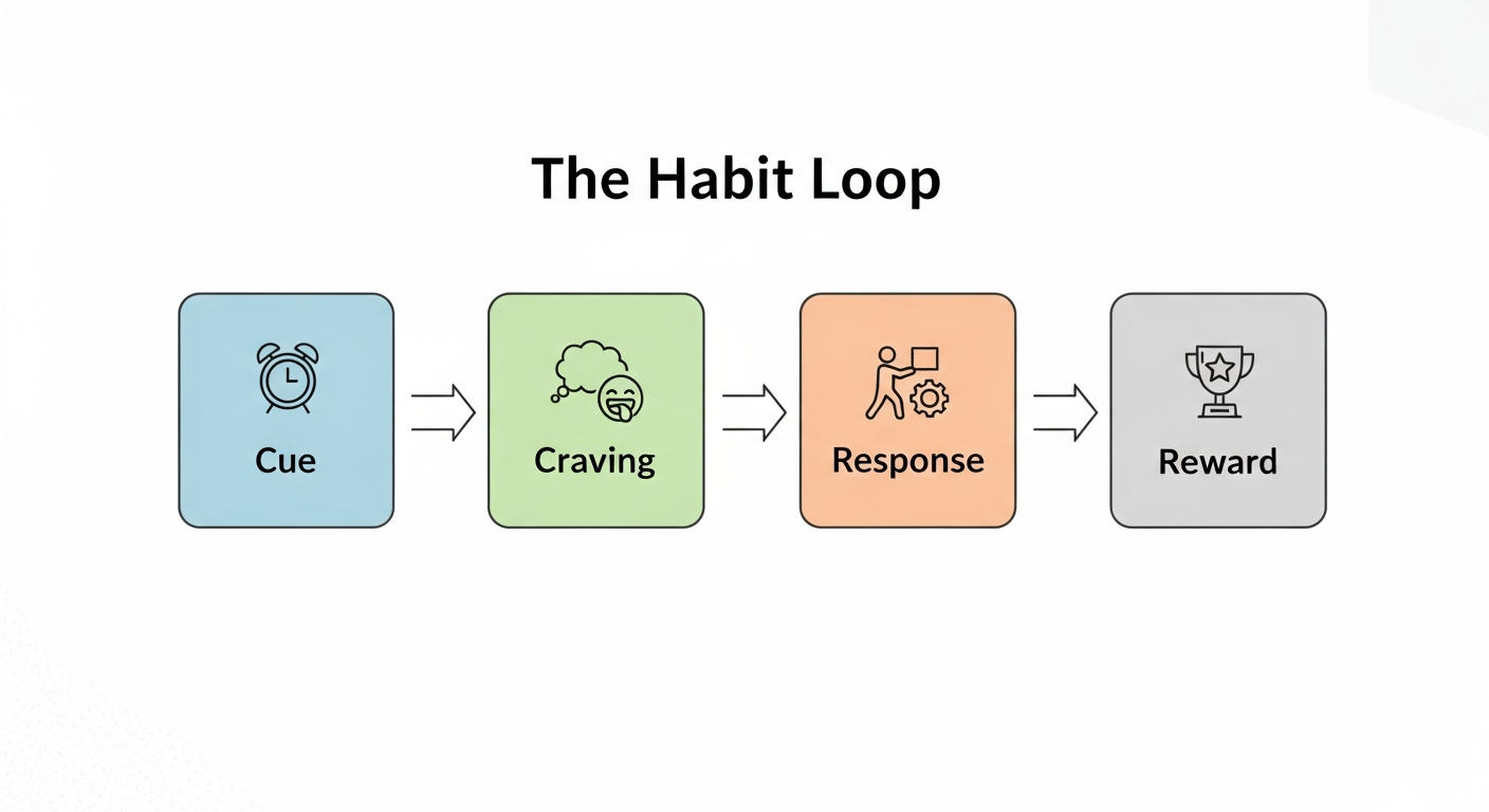 Sơ đồ đơn giản mô tả 4 bước của Vòng lặp thói quen: Tín hiệu -> Khao khát -> Hành động -> Phần thưởng.
