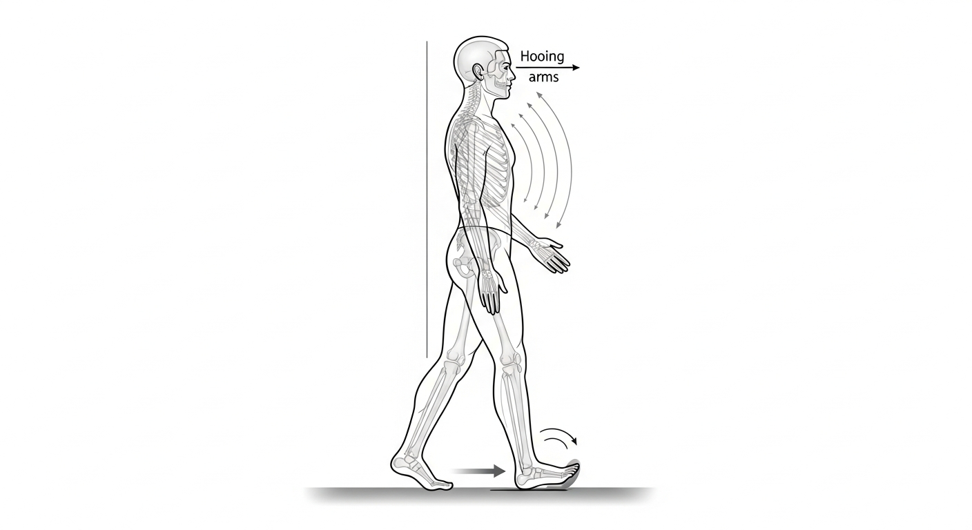 Sơ đồ mô tả tư thế đi bộ đúng cách: lưng thẳng, mắt nhìn thẳng, tay vung tự nhiên, bước chân từ gót đến mũi.