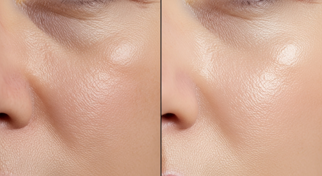 So sánh làn da thiếu nước (khô, nhăn) và làn da đủ nước (căng mịn, rạng rỡ).