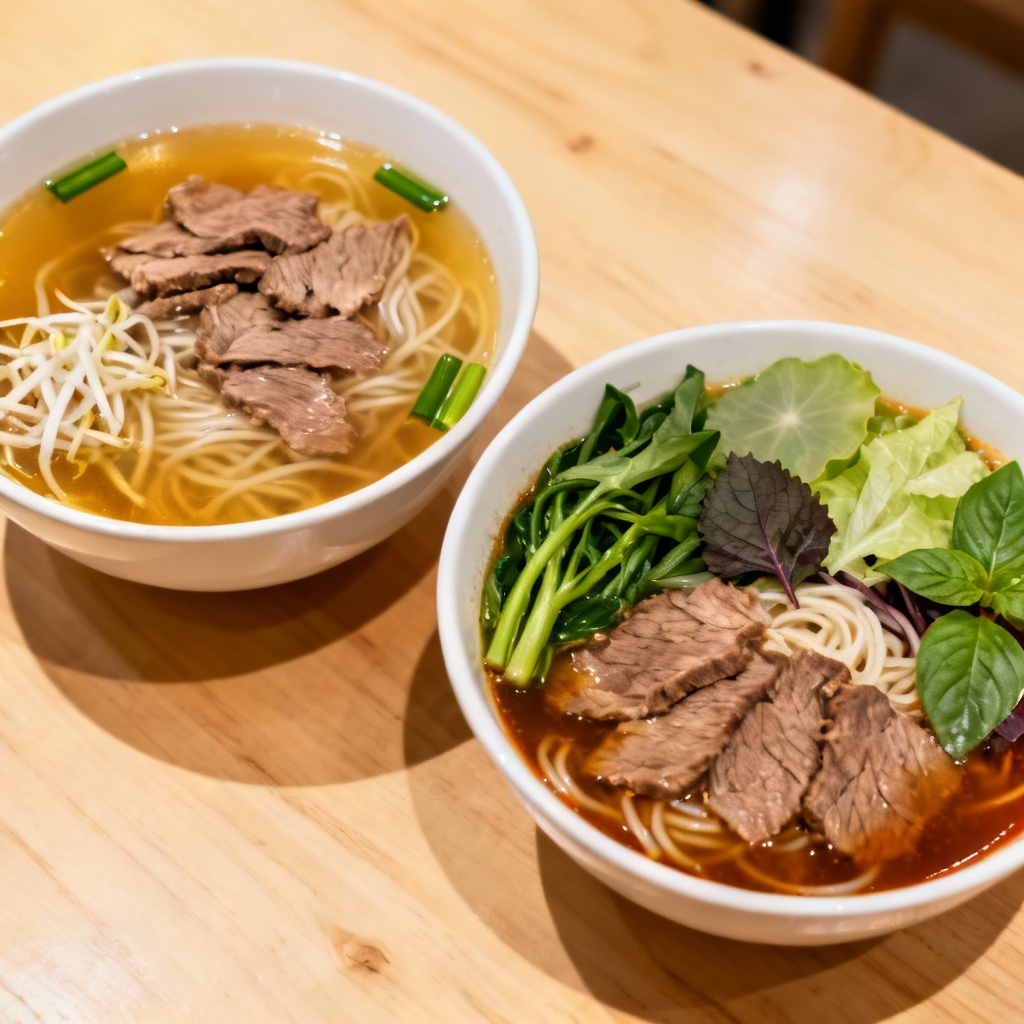So sánh một bát phở Bắc đơn giản và một bát phở Nam với nhiều loại rau ăn kèm