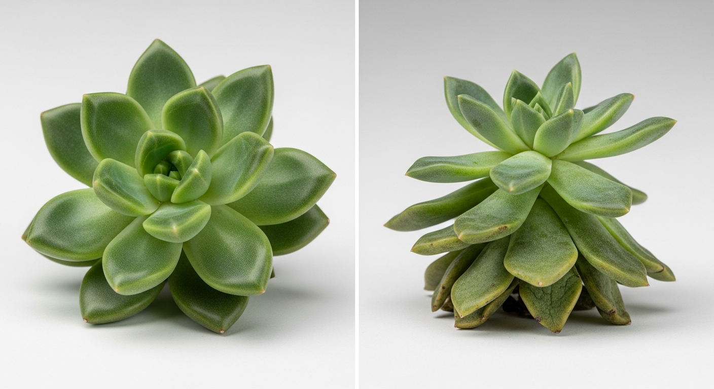 So sánh một cây sen đá căng mọng và một cây có lá dưới cùng hơi nhăn do thiếu nước.