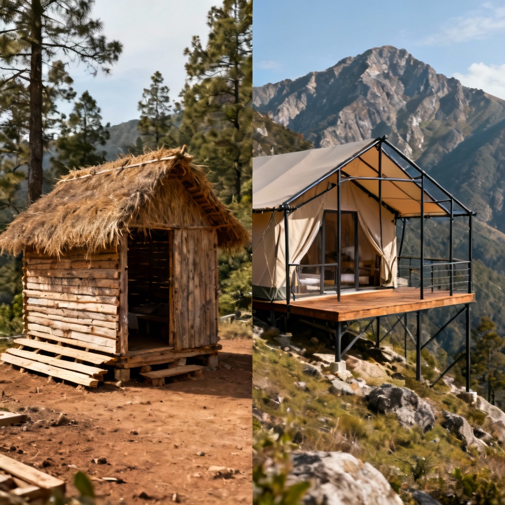 So sánh song song 2 hình ảnh: một bên là lều tự túc đơn giản, một bên là lều Glamping sang trọng trên núi. So sánh song song 2 hình ảnh: một bên là lều tự túc đơn giản, một bên là lều Glamping sang trọng trên núi.