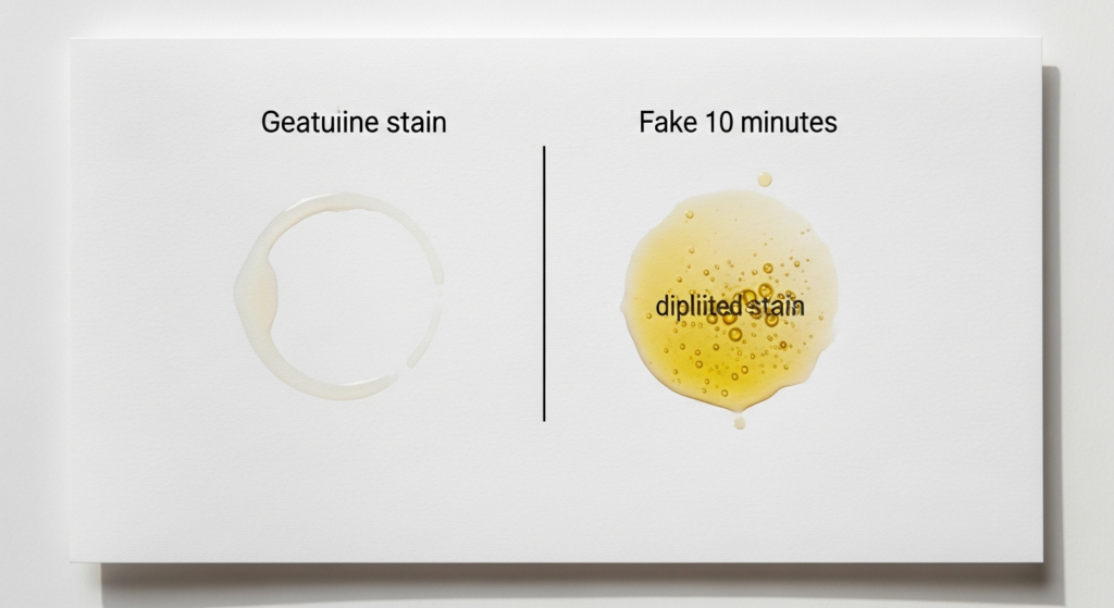 So sánh vết tinh dầu thật và giả trên giấy trắng sau 10 phút
